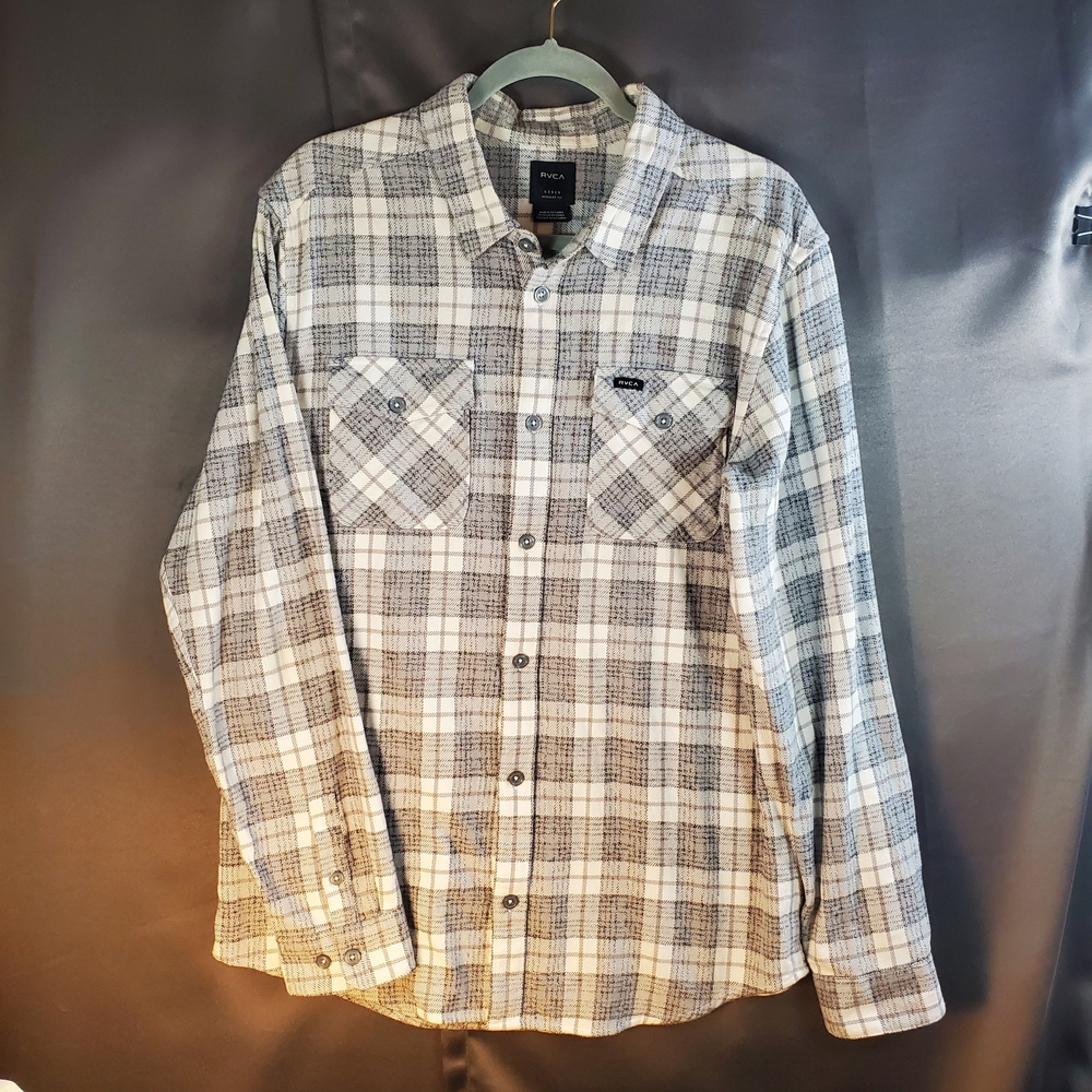 RVCA Men's Button Down  Large/Regular Flannel - Grey-White- Black 100% Cotton